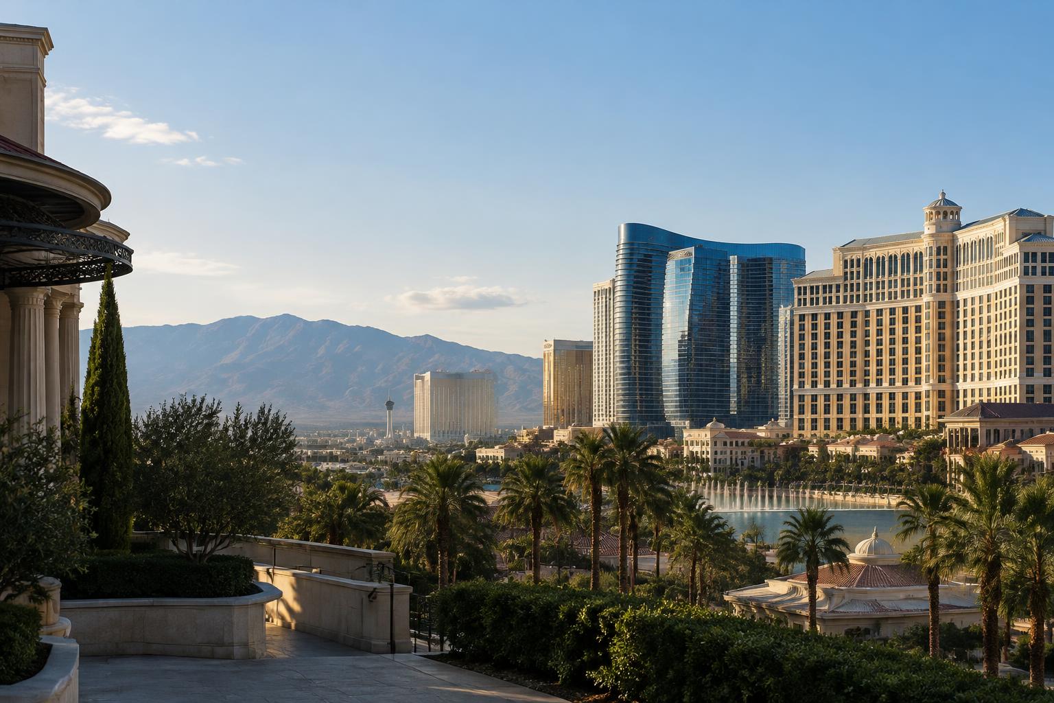 Las Vegas resort skyline with palm trees and Nevada mountains